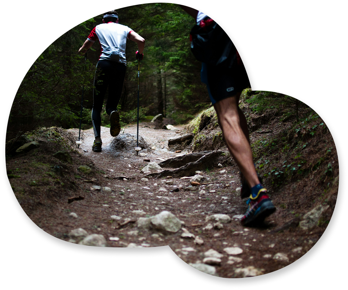 Two people running on forest trail